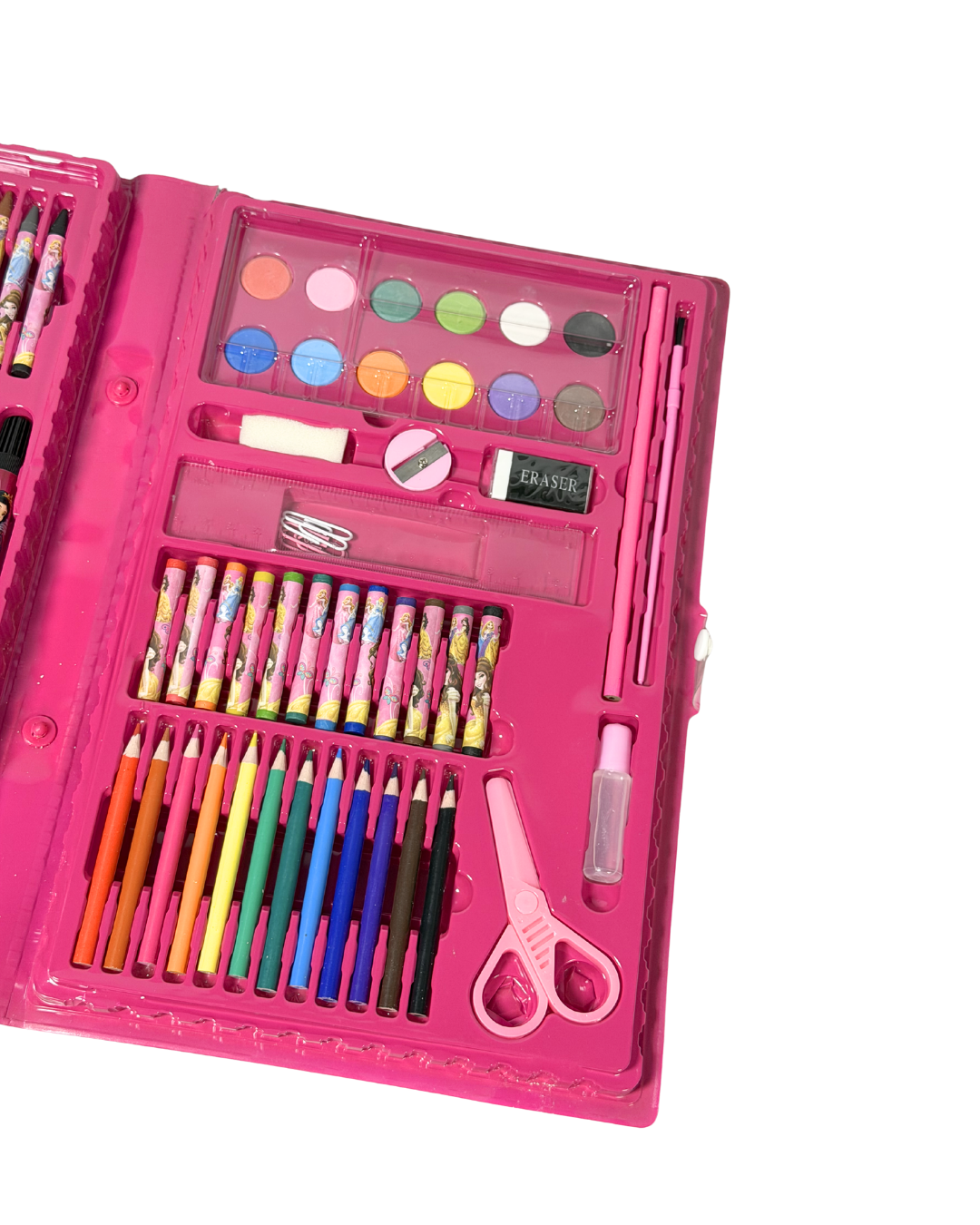 Pink art supply set with various tools on a white background