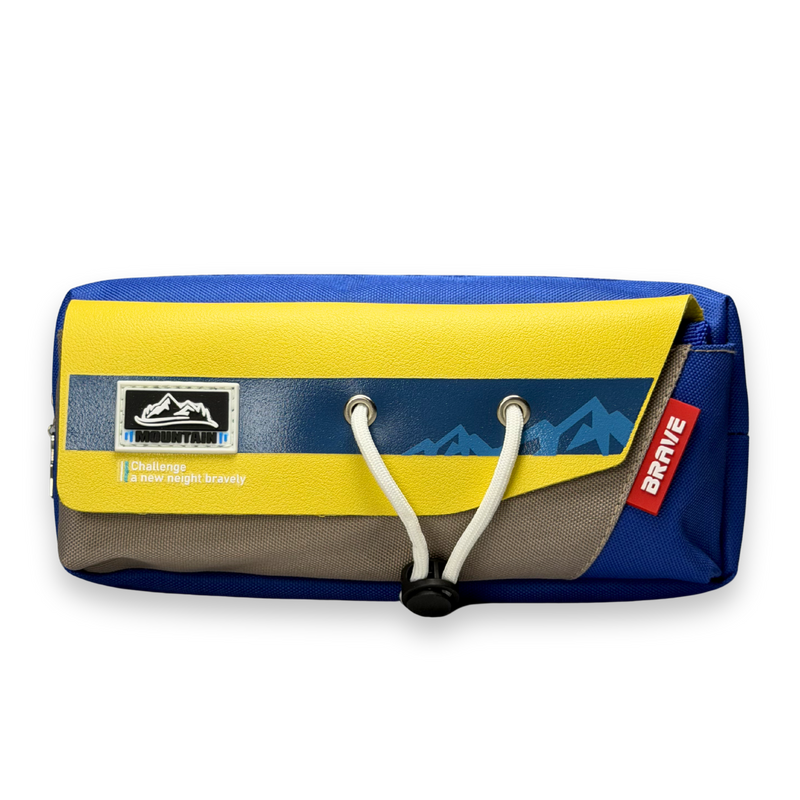 BRAVE Mountain Adventure Canvas Pencil Case with Toggle Lock – Multi-Layer Large Stationery Pouch | Yellow