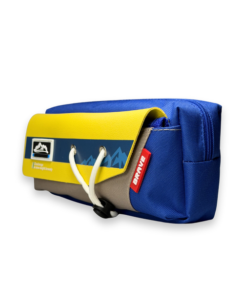 BRAVE Mountain Adventure Canvas Pencil Case with Toggle Lock – Multi-Layer Large Stationery Pouch | Yellow