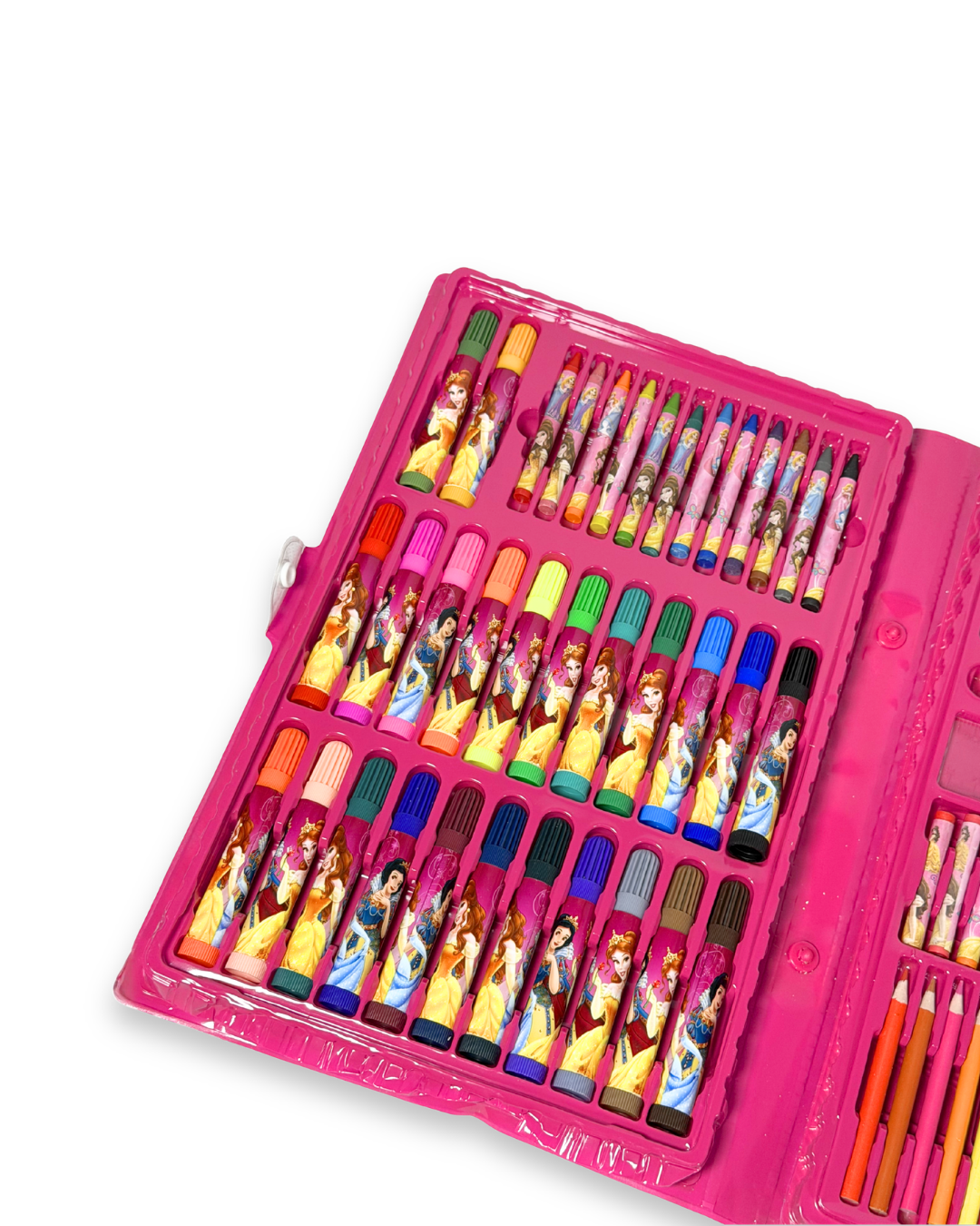 Coloring set with princess-themed crayons and markers in a pink case on a white background