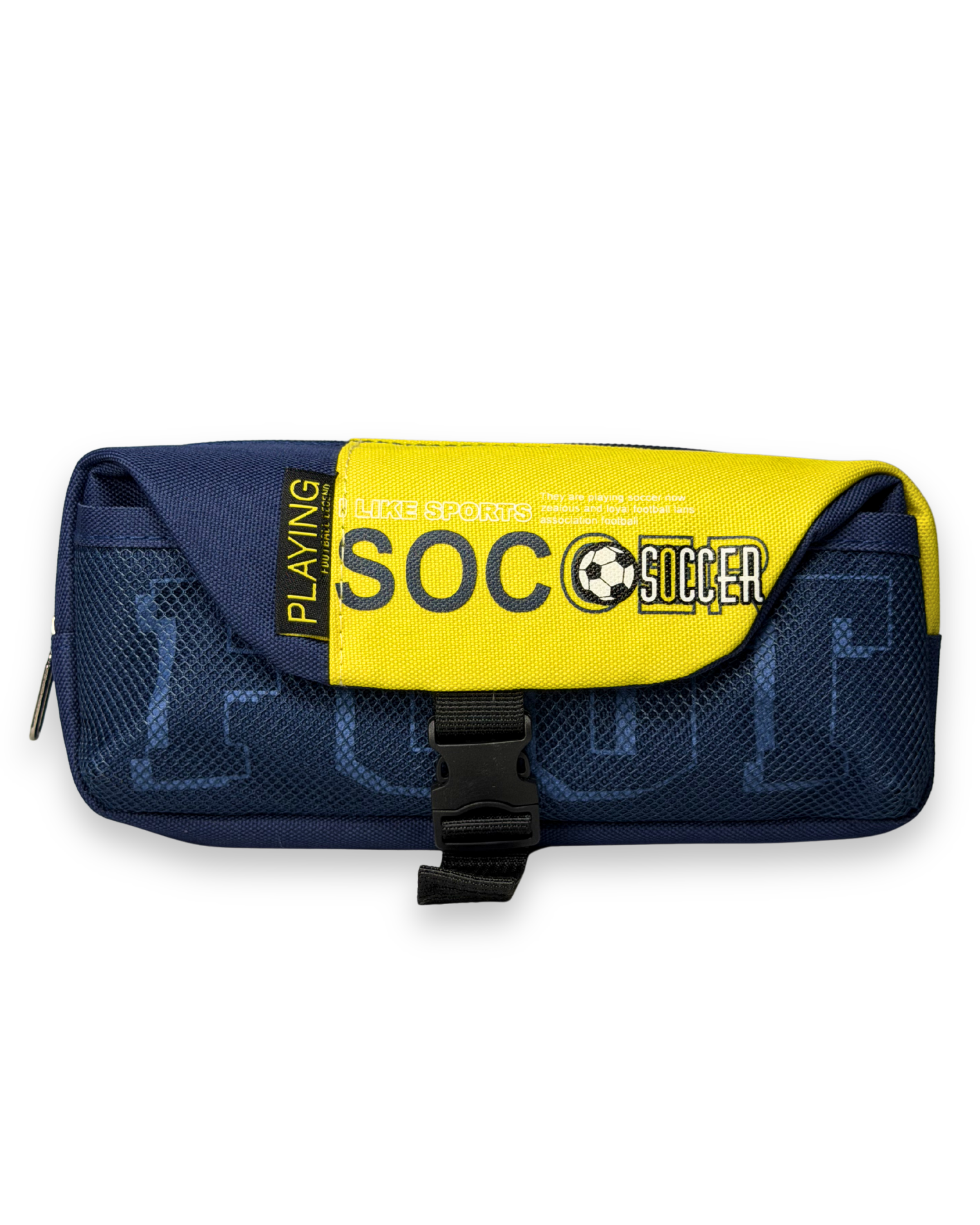 Soccer Sports Canvas Pencil Case with Buckle Lock – Multi-Layer Large Stationery Pouch | Yellow