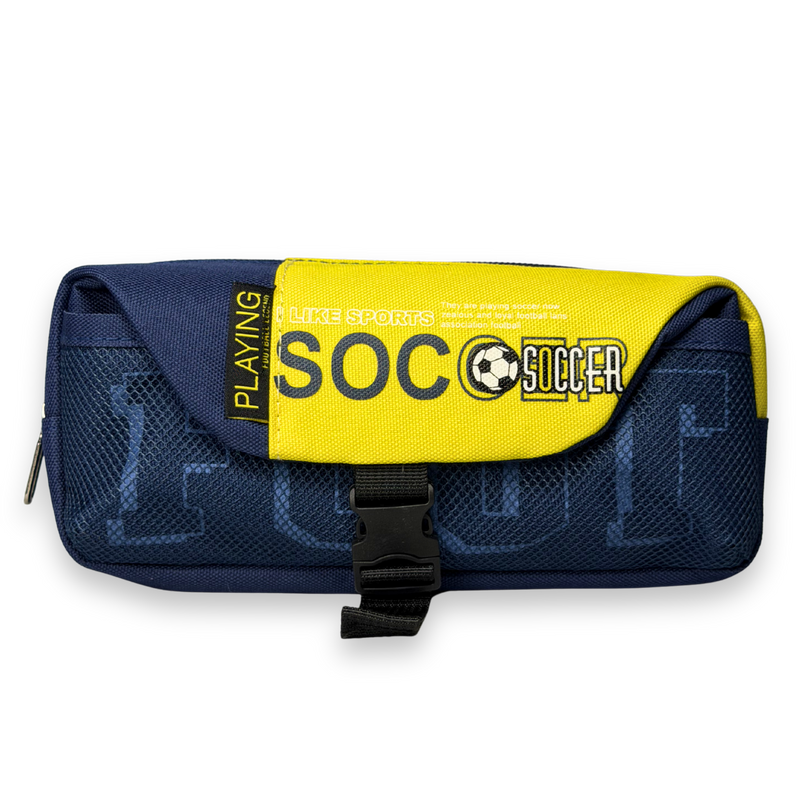 Soccer Sports Canvas Pencil Case with Buckle Lock – Multi-Layer Large Stationery Pouch | Yellow