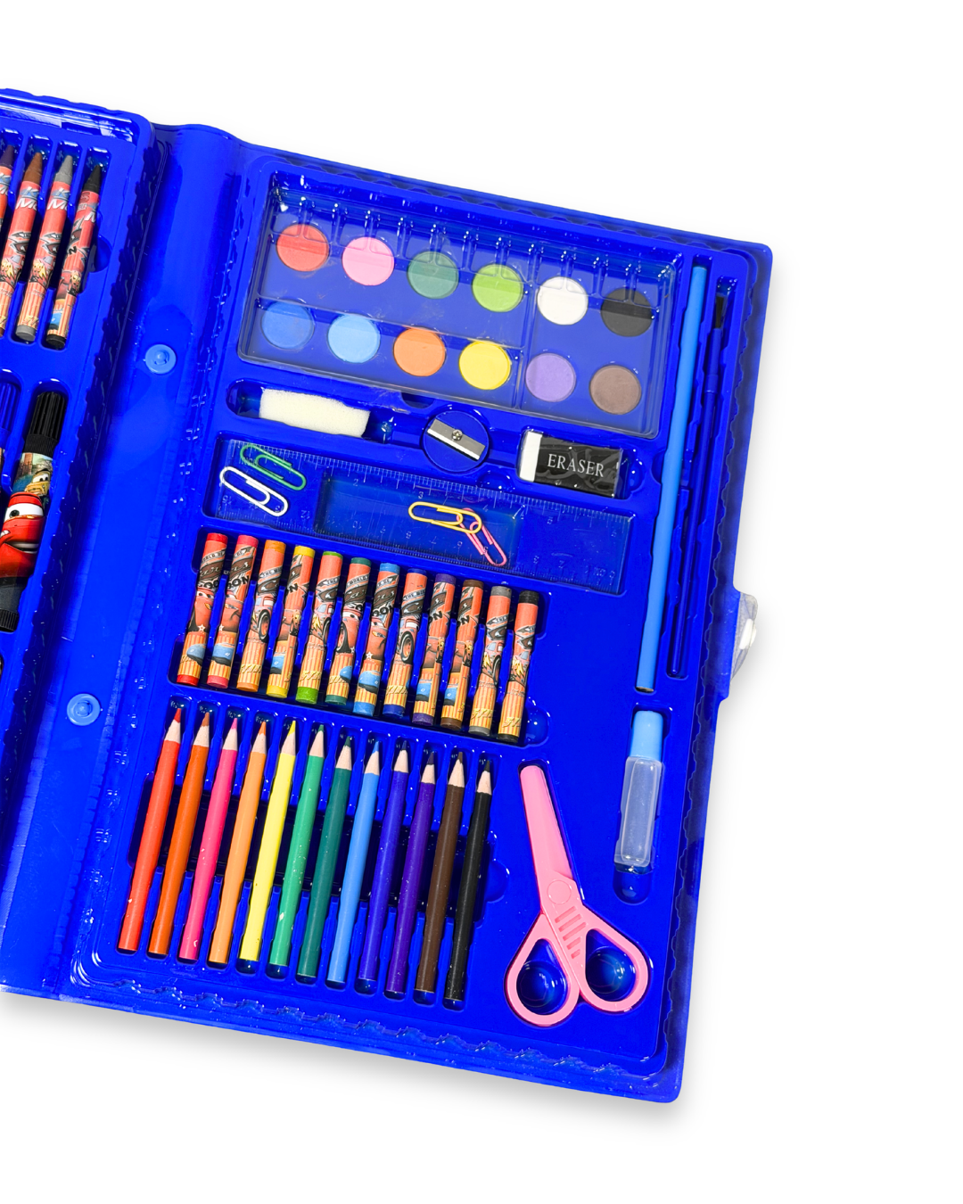 Art supply set with pencils, crayons, and watercolors in a blue case on a white background