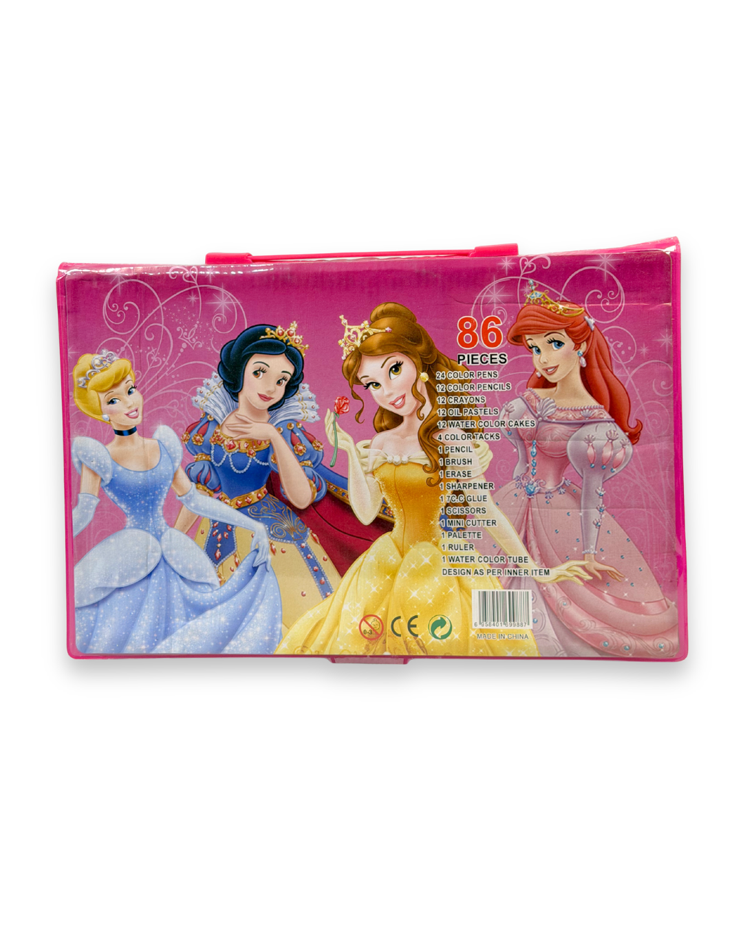 Pink packaging with Disney princesses on a white background
