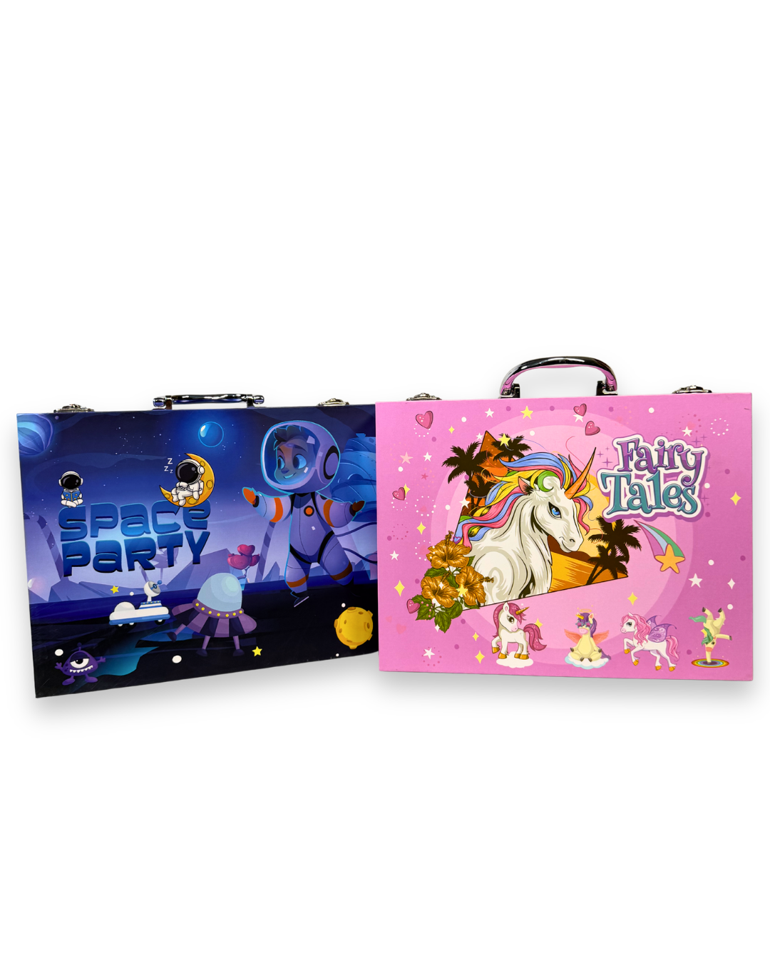 Two colorful cases, one with a space theme and the other with a unicorn and fairy design, on a white background.