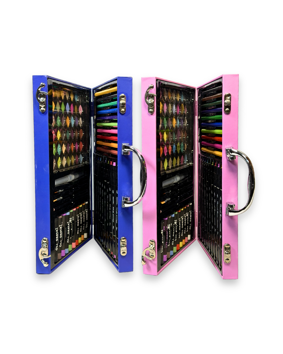 Two open cases filled with colorful pencils on a white background