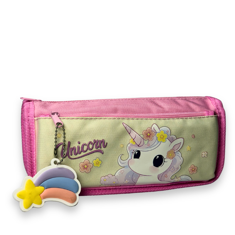 Cute Kawaii Pastel Pink Unicorn Canvas Pencil Case with Star Keychain – Pouch for Girls