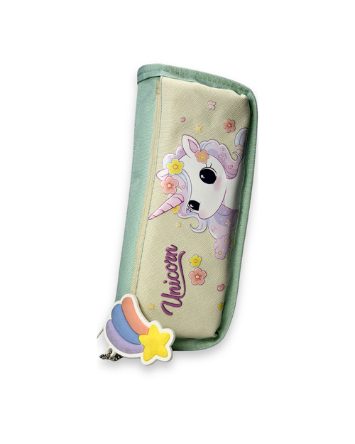 Cute Kawaii Mint Green Unicorn Canvas Pencil Case with Star Keychain – Pouch for Girls