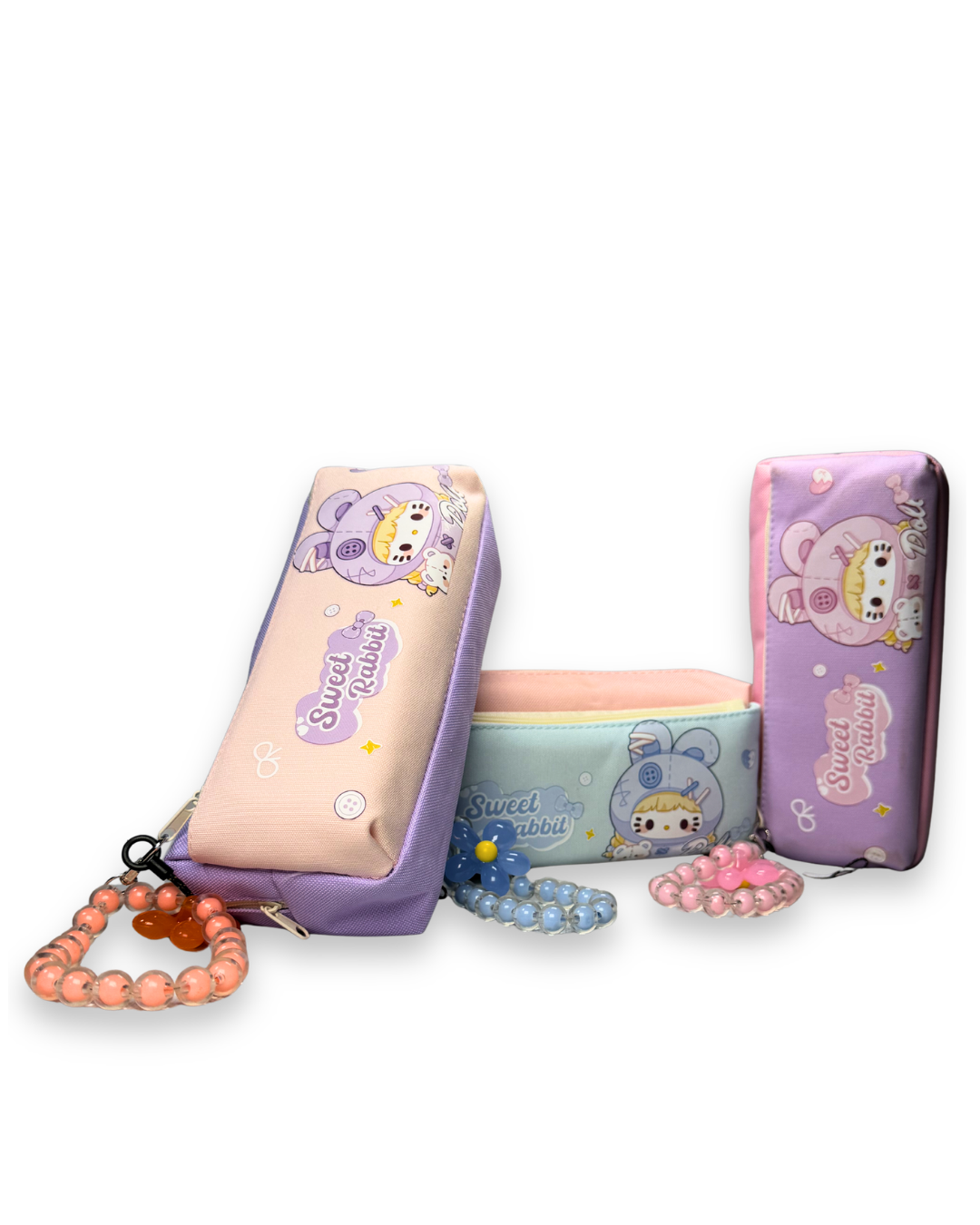 Cute Kawaii  Sweet Rabbit Doll Canvas Pencil Case with Beaded Charm –  Pouch for Girls | Purple & Pink