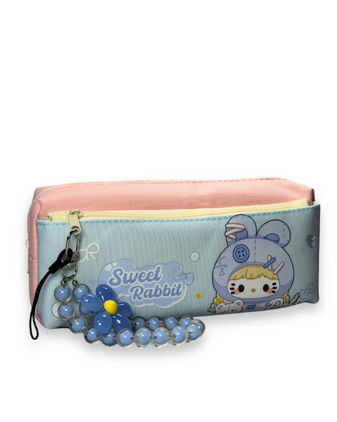 Cute Kawaii  Sweet Rabbit Doll Canvas Pencil Case with Beaded Charm –  Pouch for Girls | Purple & Pink