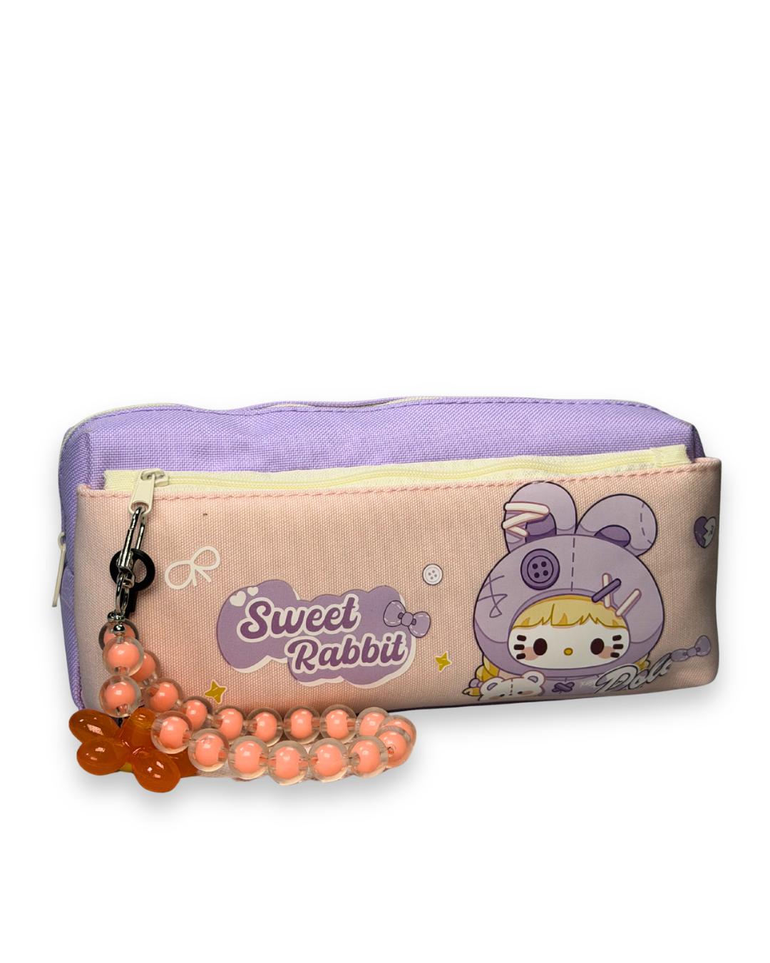 Cute Kawaii  Sweet Rabbit Doll Canvas Pencil Case with Beaded Charm –  Pouch for Girls | Purple & Pink