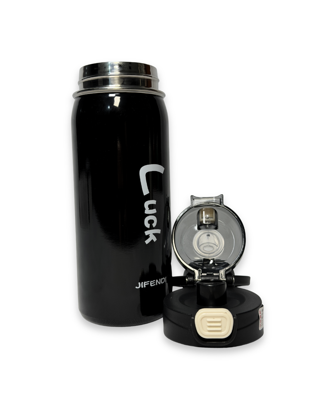 Black water bottle with 'Luck' and 'Jifend' branding on a white background