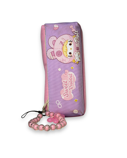 Cute Kawaii  Sweet Rabbit Doll Canvas Pencil Case with Beaded Charm –  Pouch for Girls | Purple & Pink