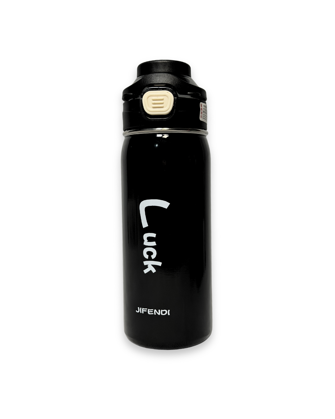 Black water bottle with 'Luck' and 'JIFENDI' text on a white background