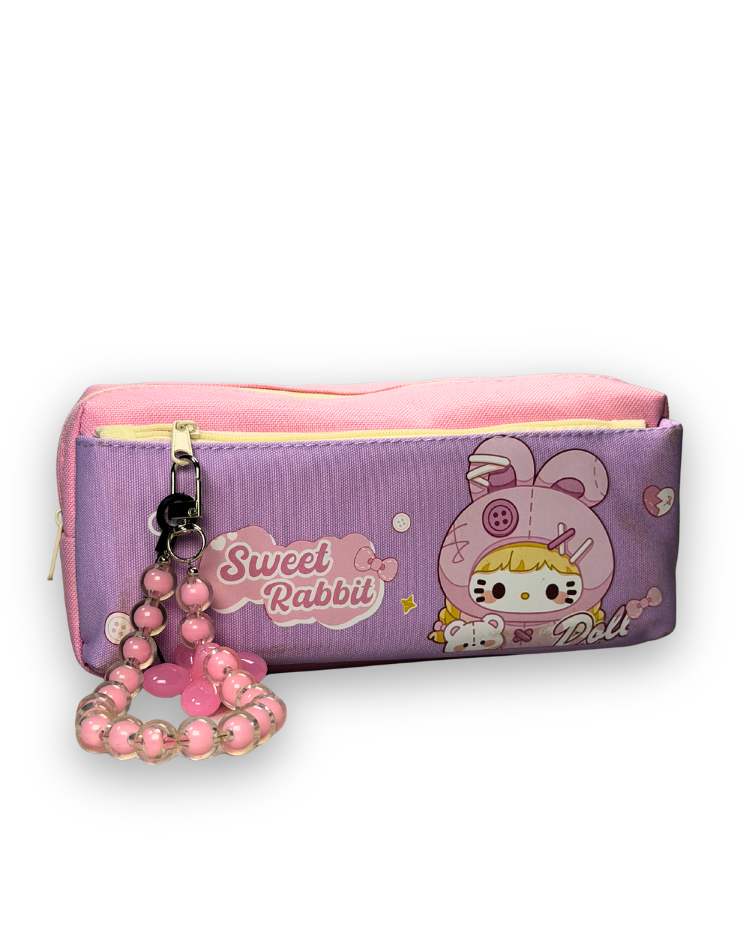 Cute Kawaii  Sweet Rabbit Doll Canvas Pencil Case with Beaded Charm –  Pouch for Girls | Purple & Pink