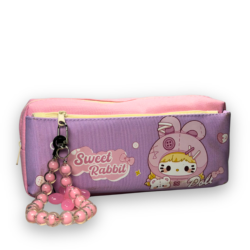 Cute Kawaii  Sweet Rabbit Doll Canvas Pencil Case with Beaded Charm –  Pouch for Girls | Purple & Pink
