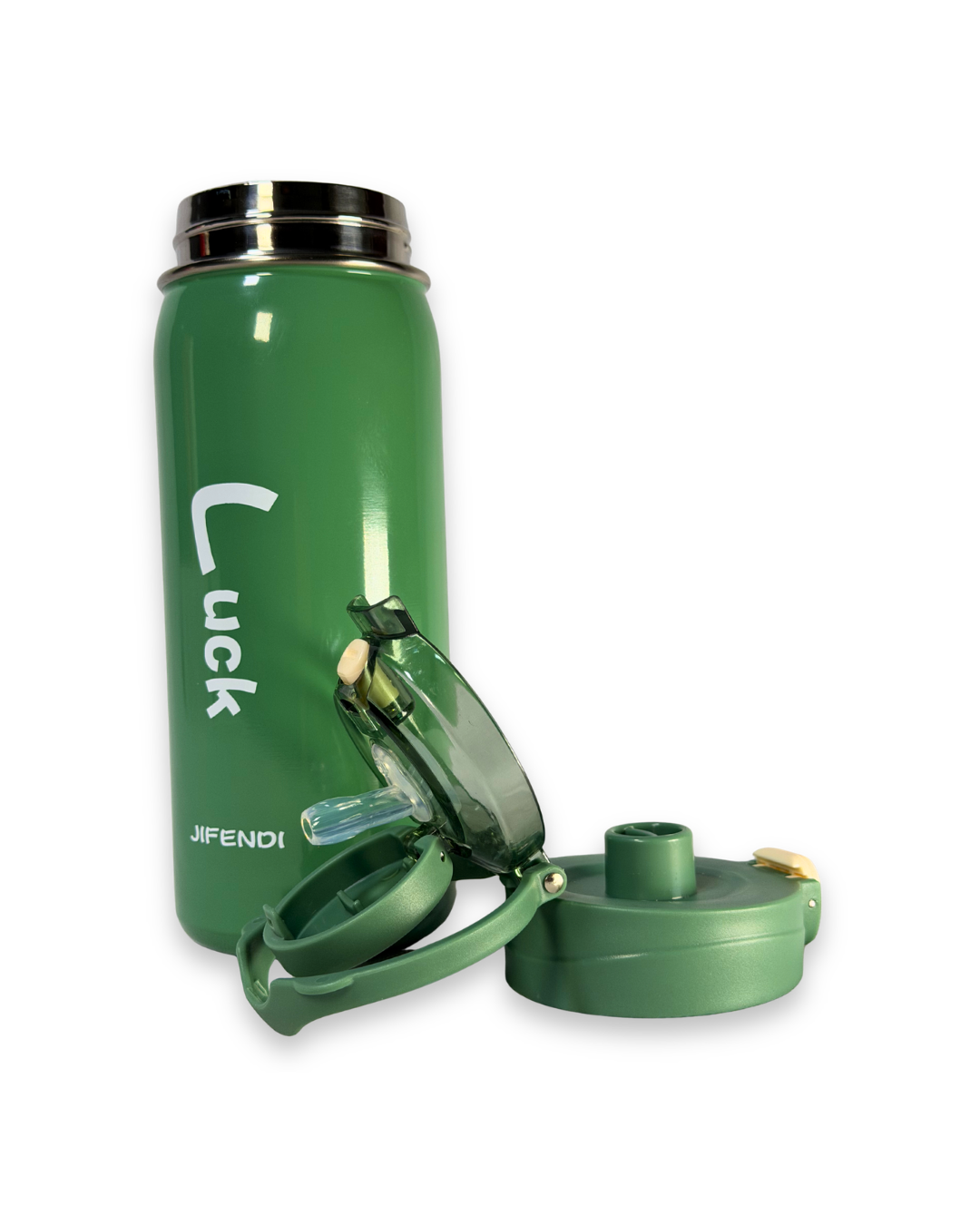 Green water bottle with multiple components on a white background
