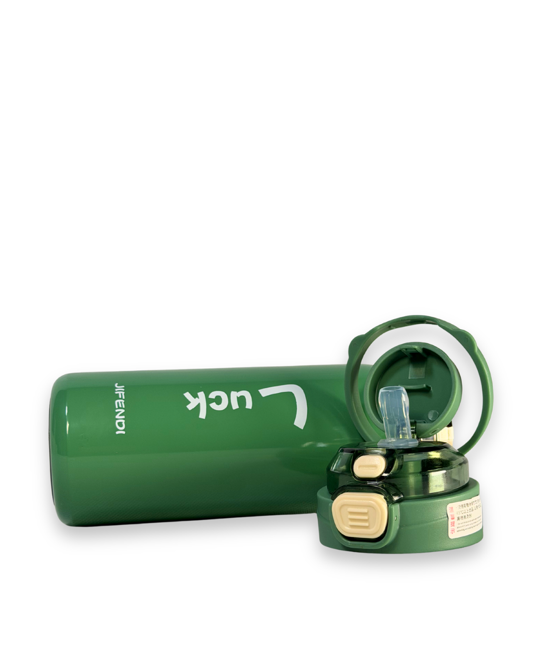 Green metal canister with a gold valve on a white background