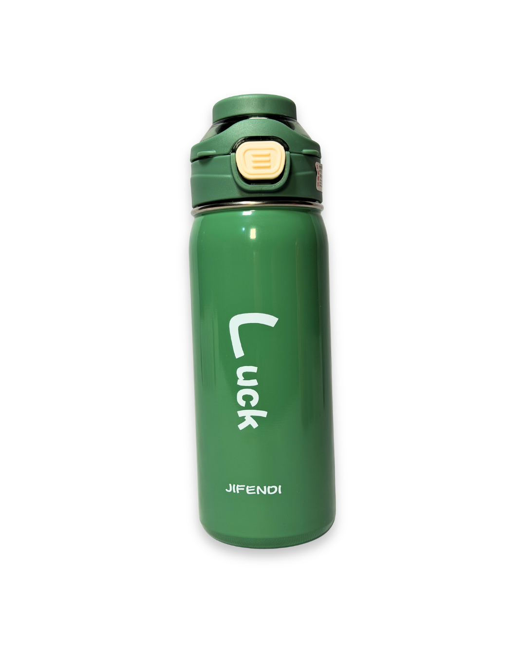 Green water bottle with 'Luck' and 'JIFENDI' text on a white background