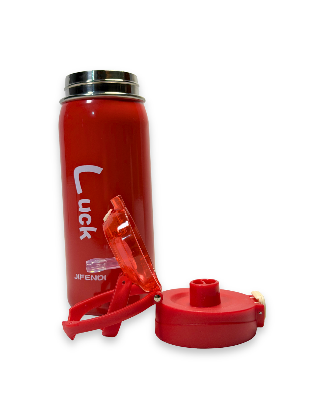Red water bottle with 'Luck' and 'JFENDO' text on a white background