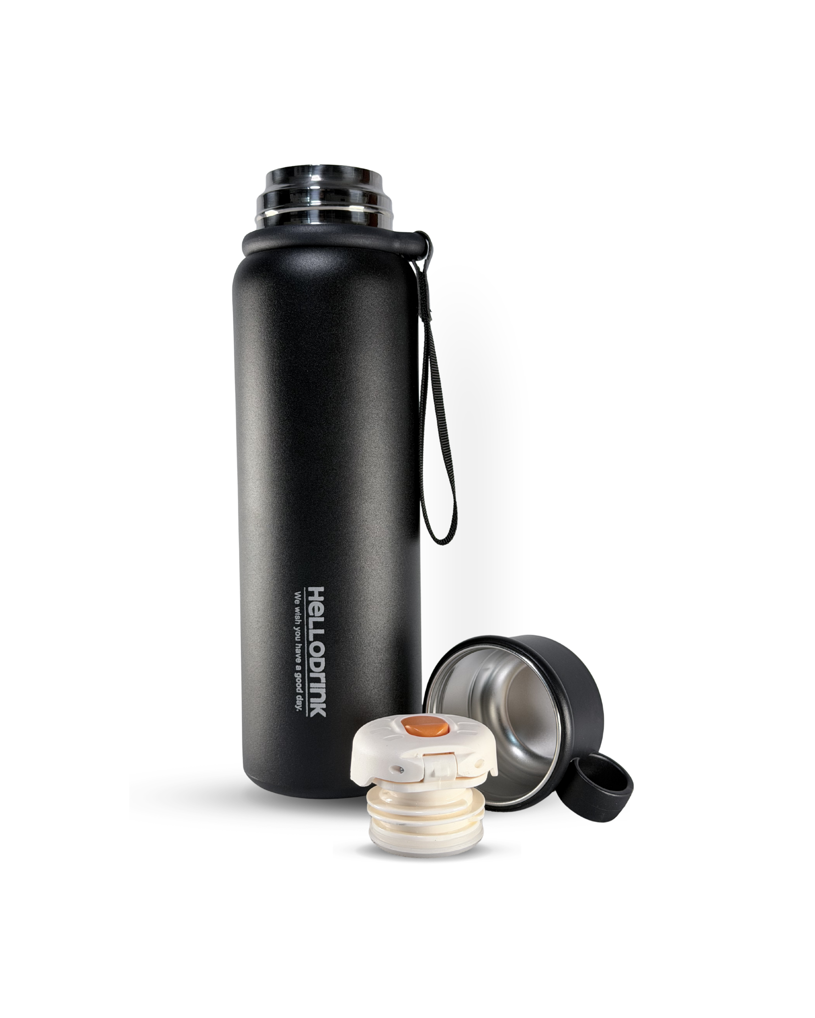 HELLO DRINK STEEL WATER BOTTLE WITH STRAP CAP | 750ML | BLACK