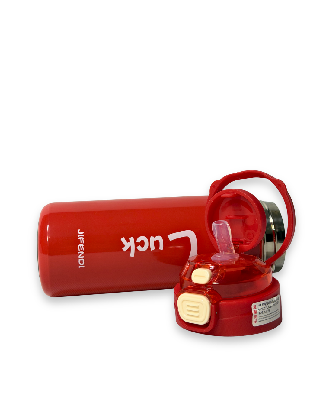 Red water bottle with 'Lucky' branding on a white background