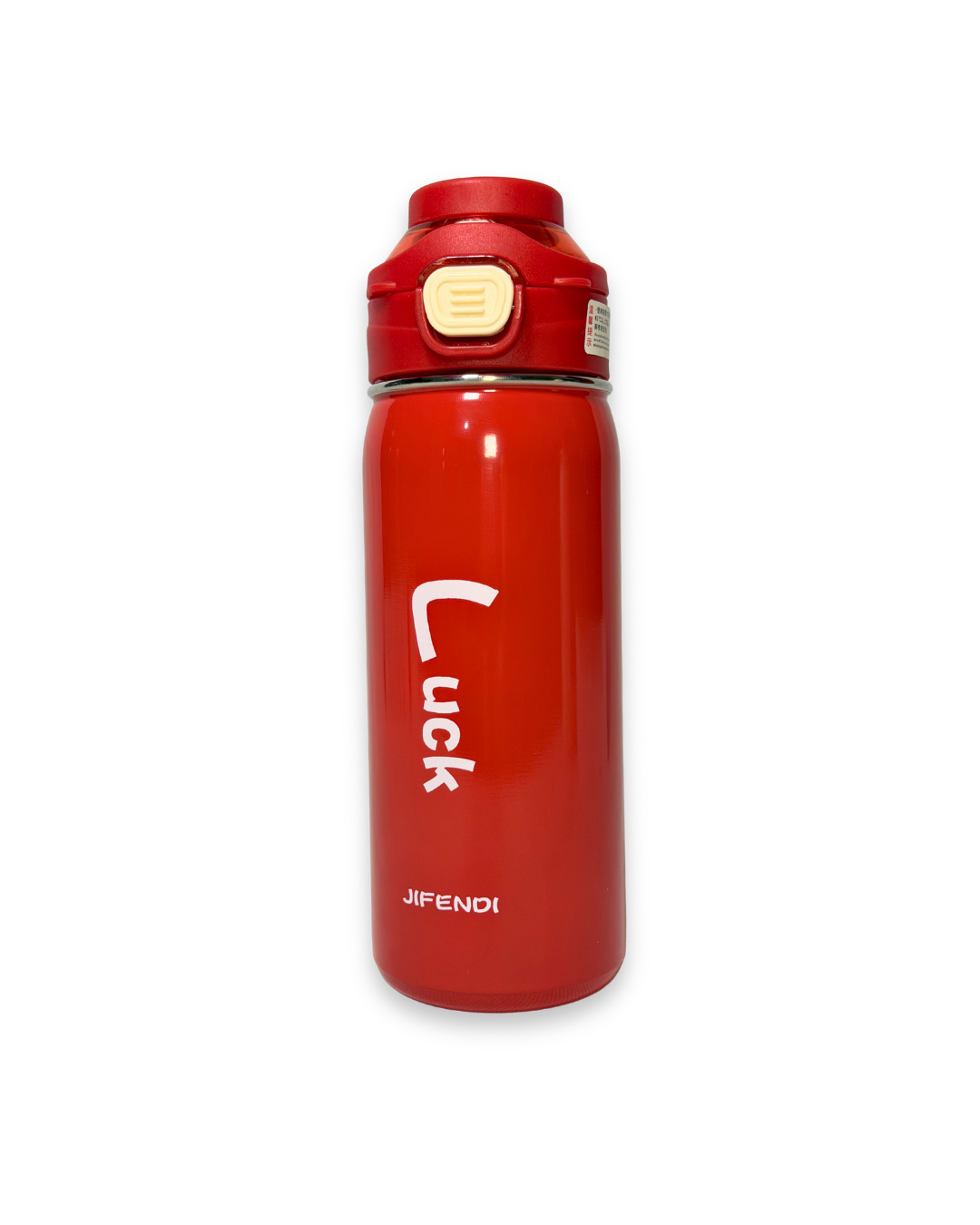 Red water bottle with 'Luck' and 'JIFEN' branding on a white background