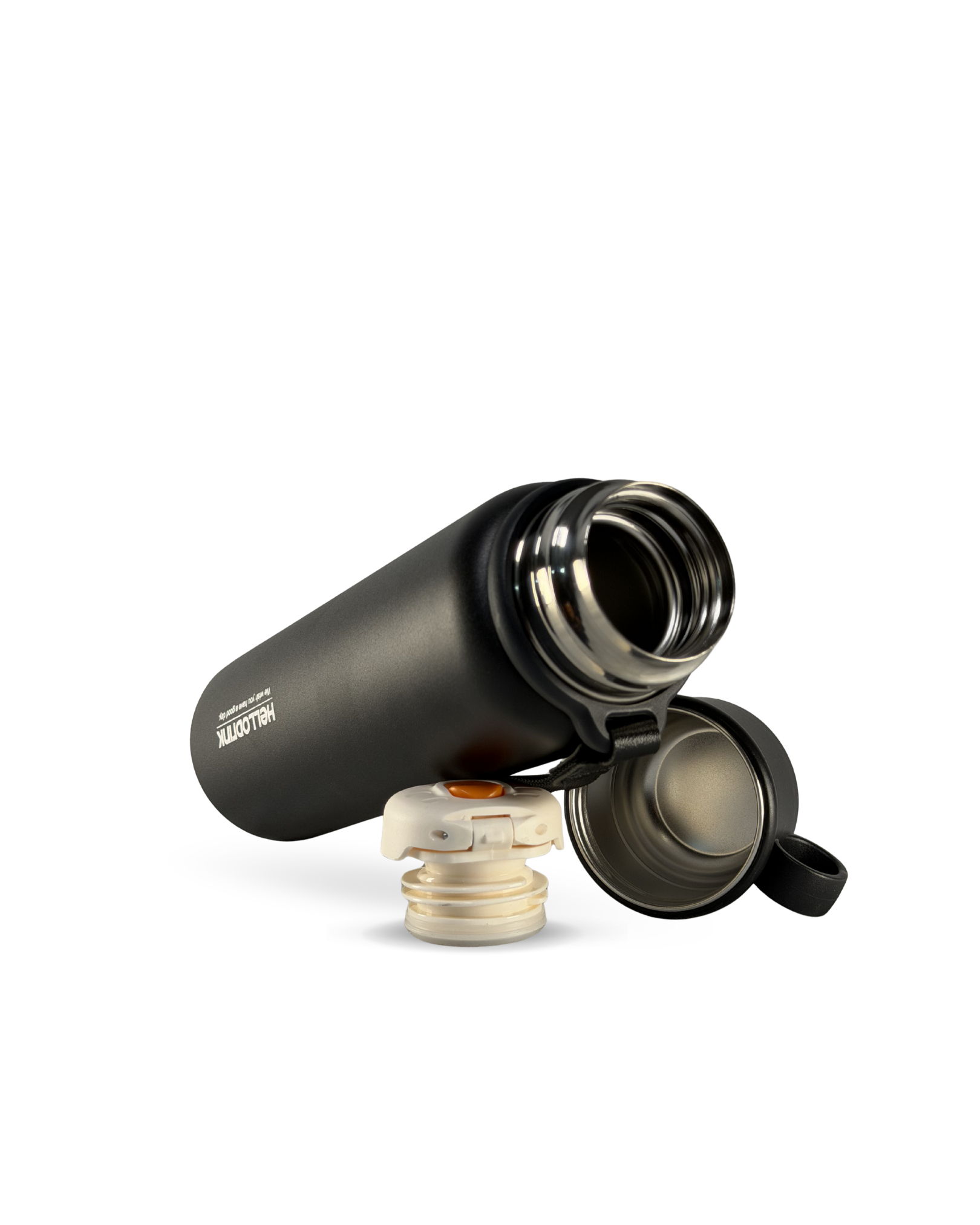 HELLO DRINK STEEL WATER BOTTLE WITH STRAP CAP | 750ML | BLACK