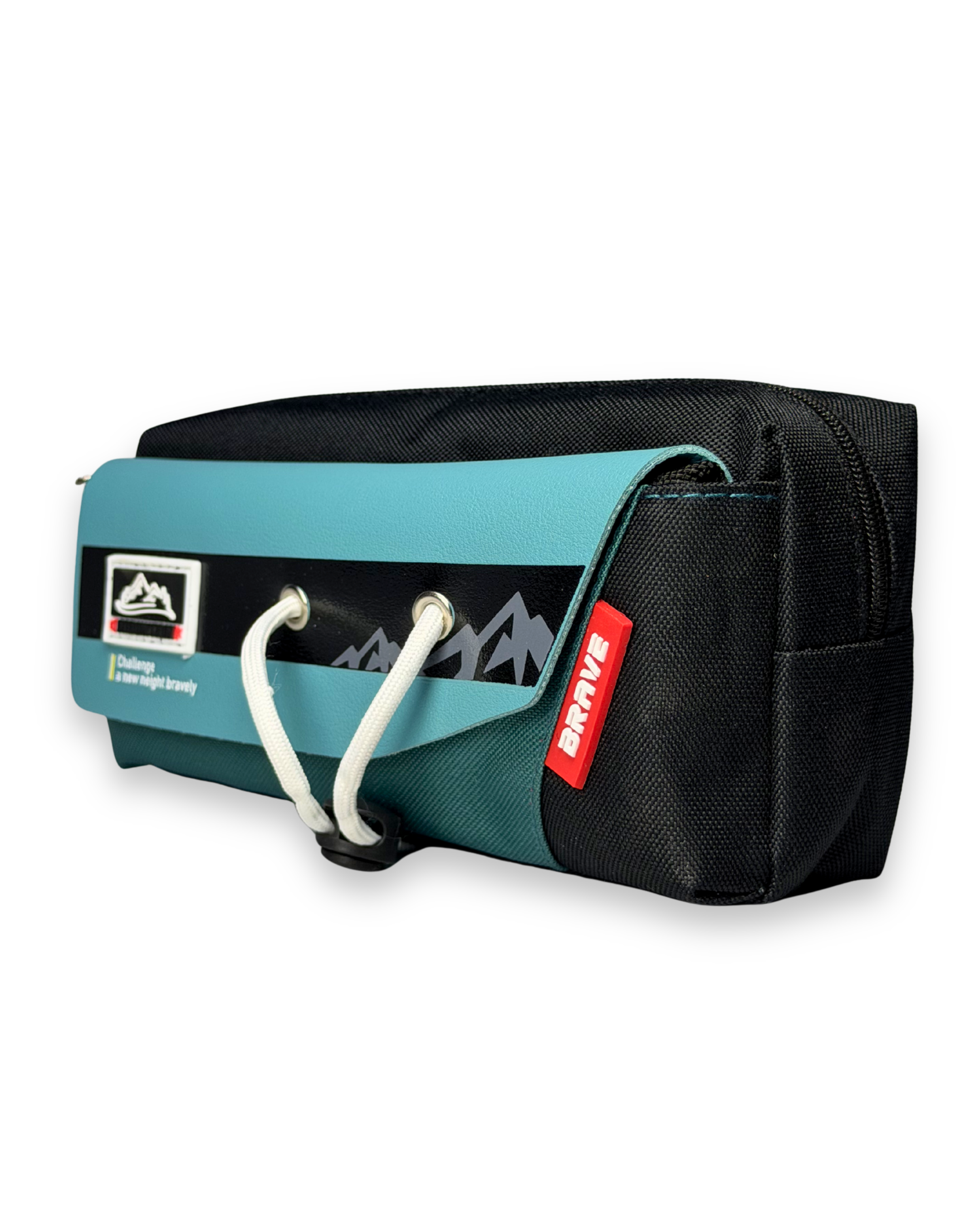 BRAVE Mountain Adventure Canvas Pencil Case with Toggle Lock |  Large Stationery Pouch for Boys | Teal & Black