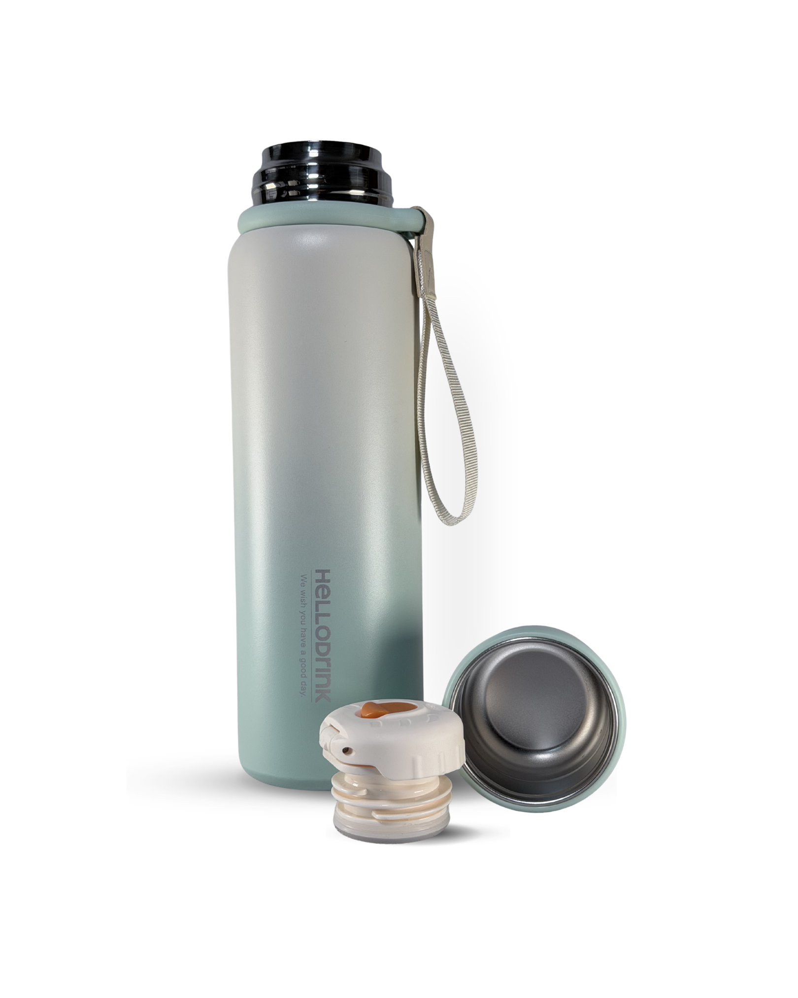 HELLO DRINK STEEL WATER BOTTLE WITH STRAP CAP | 750ML | GREEN