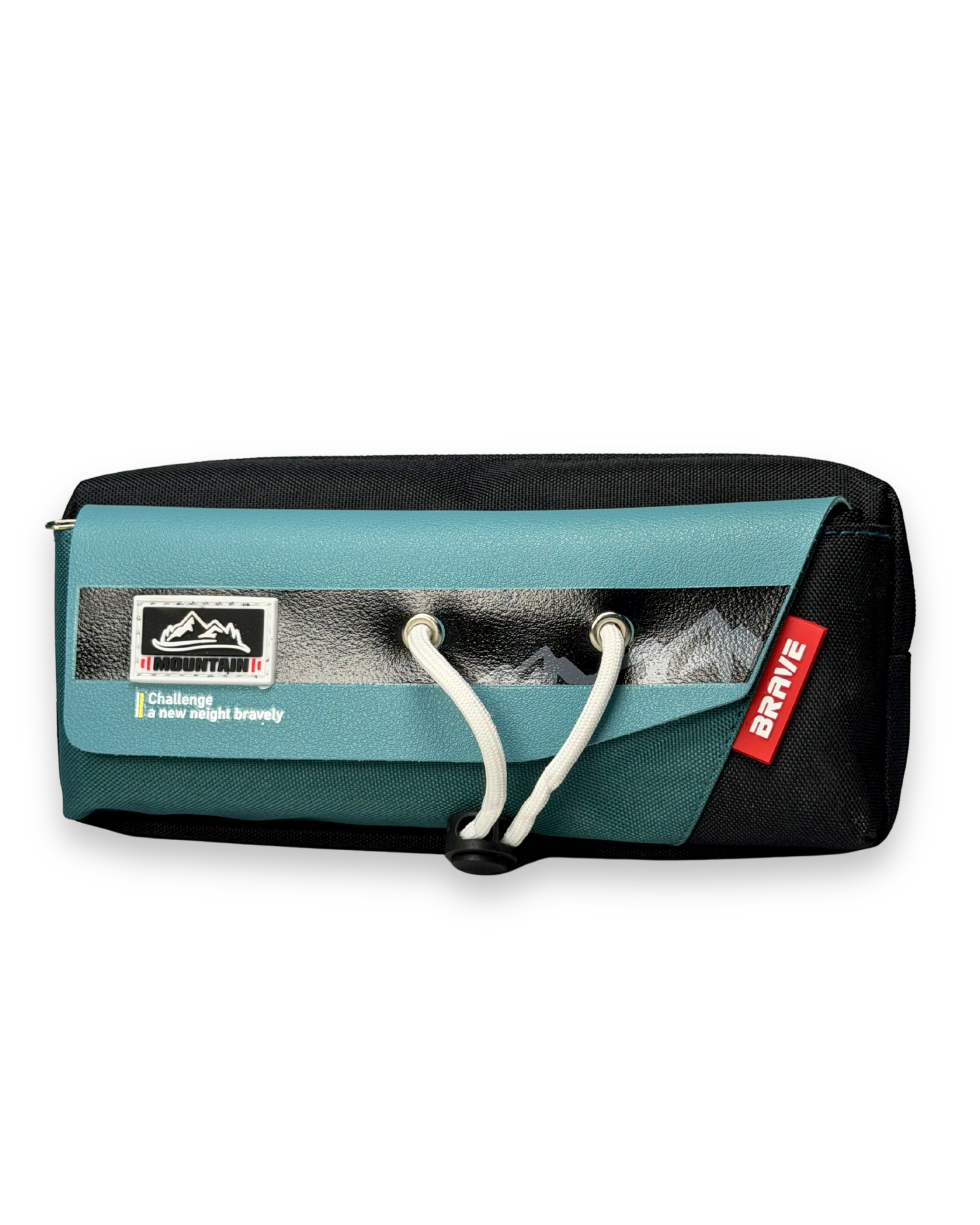 BRAVE Mountain Adventure Canvas Pencil Case with Toggle Lock |  Large Stationery Pouch for Boys | Teal & Black
