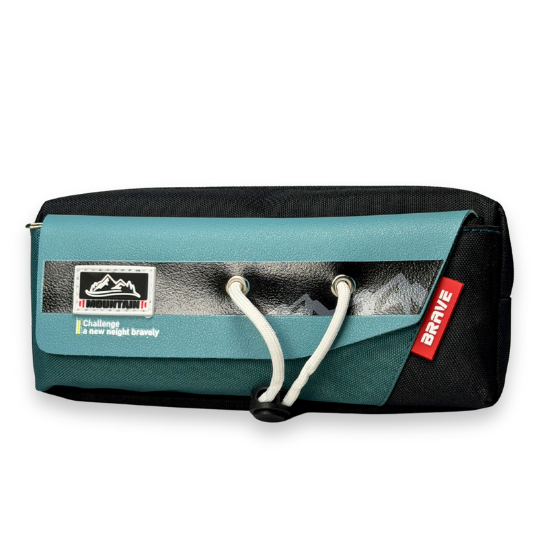 BRAVE Mountain Adventure Canvas Pencil Case with Toggle Lock |  Large Stationery Pouch for Boys | Teal & Black