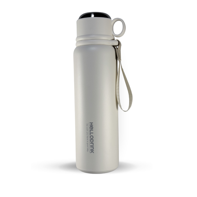 HELLO DRINK STEEL WATER BOTTLE WITH STRAP CAP | 750ML | BEIGE